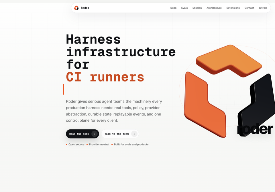 Roder homepage hero, runtime infrastructure for coding agents